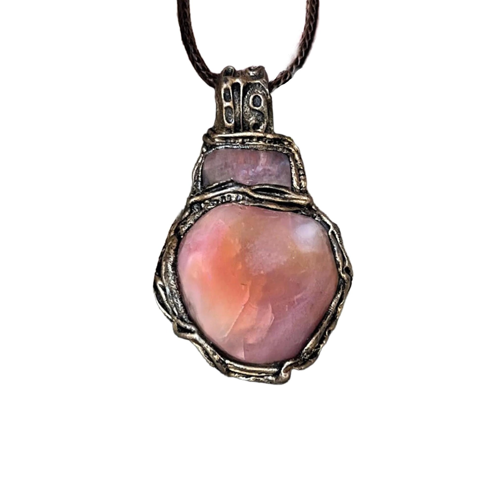 Peach Agate and Cherry Quartz Pink Stone Pendant Necklace -  Healing Crystal Amulet