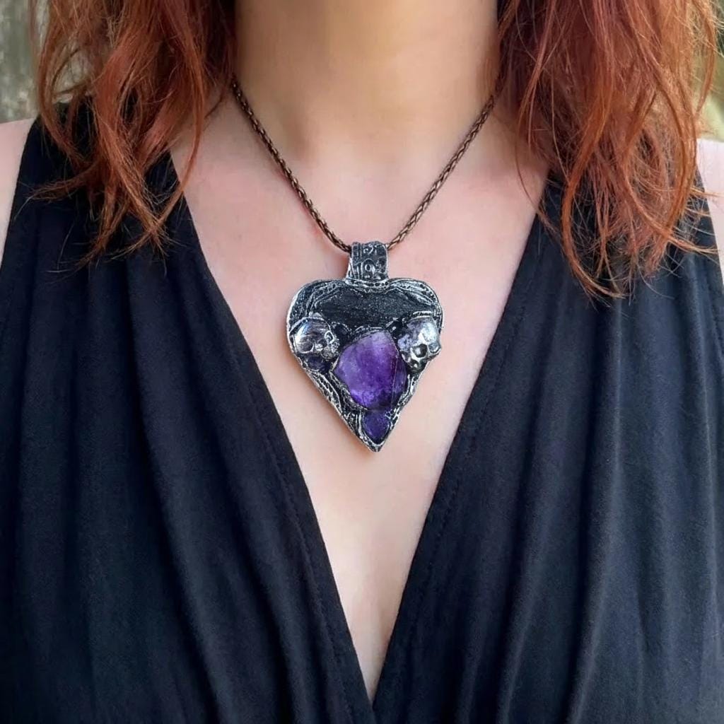 Gothic Amethyst Kyanite Crystal Amulet | Skull Heart Pendant Necklace