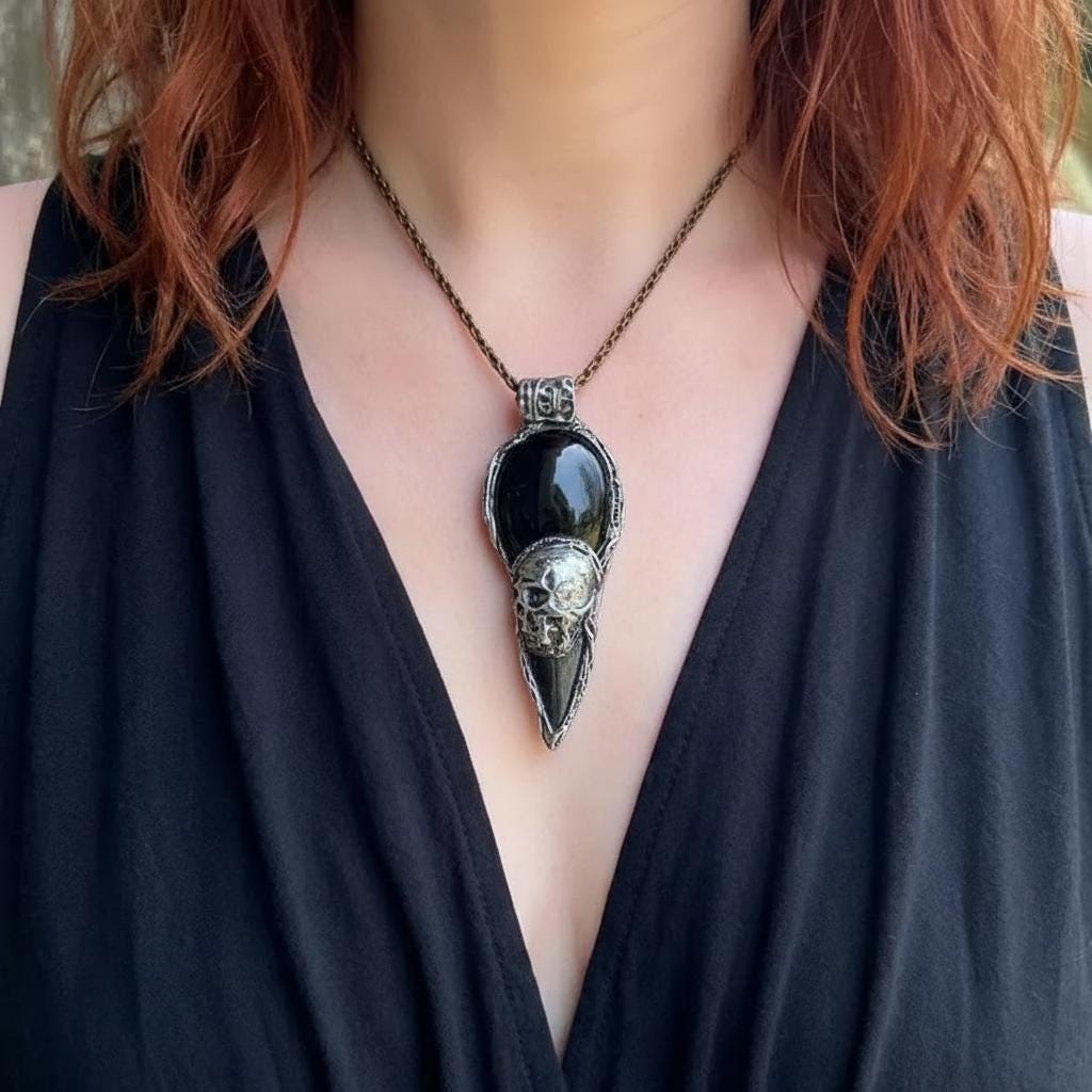 Onyx and Obsidian Arrow Skull Pendant Necklace -  Gothic Protection Amulet