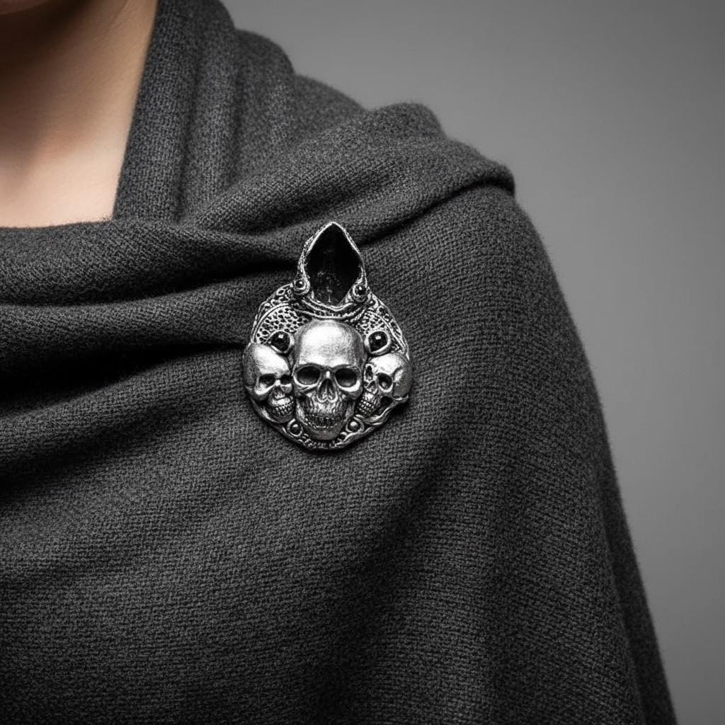 Gothic Skull Obsidian Large Brooch | Dark Statement Jewelry