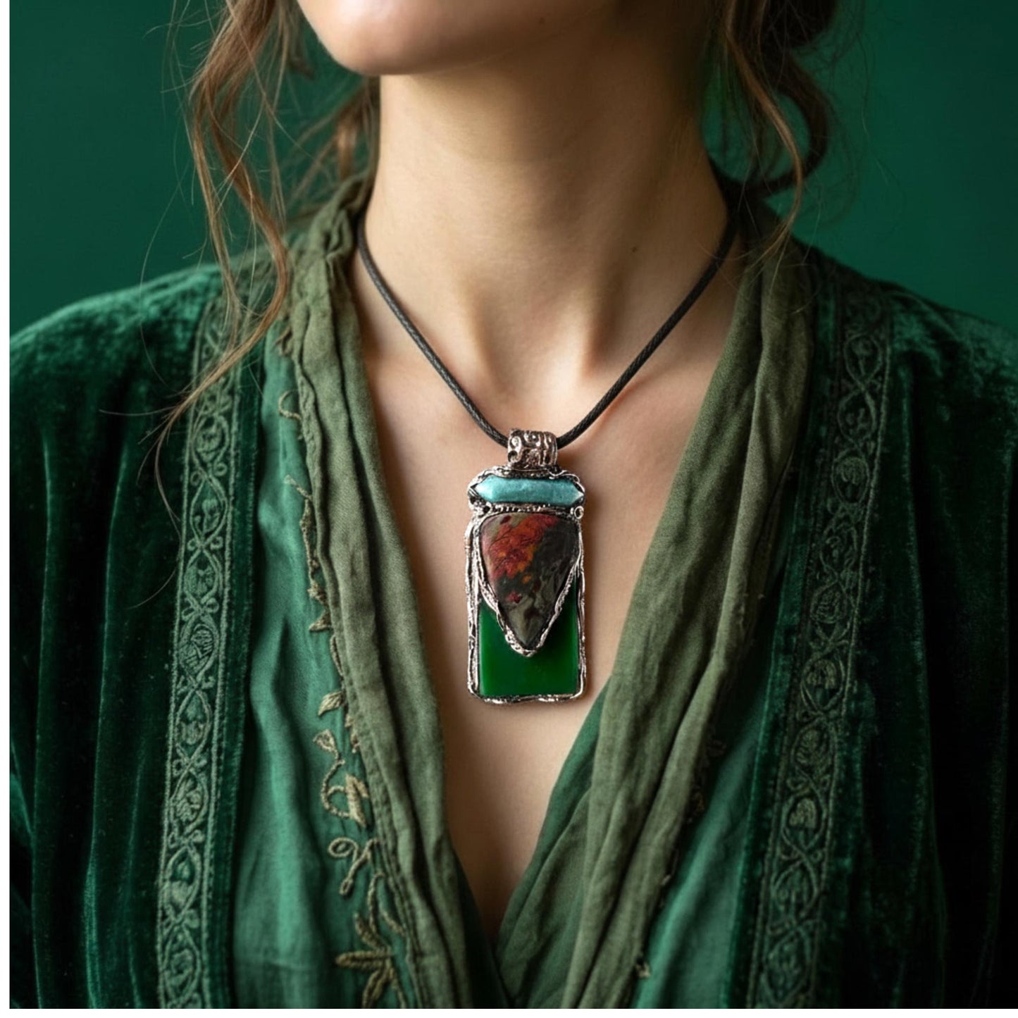 Green Jade Aventurine and Rhyolite Pendant Necklace -  Healing Crystal Amulet