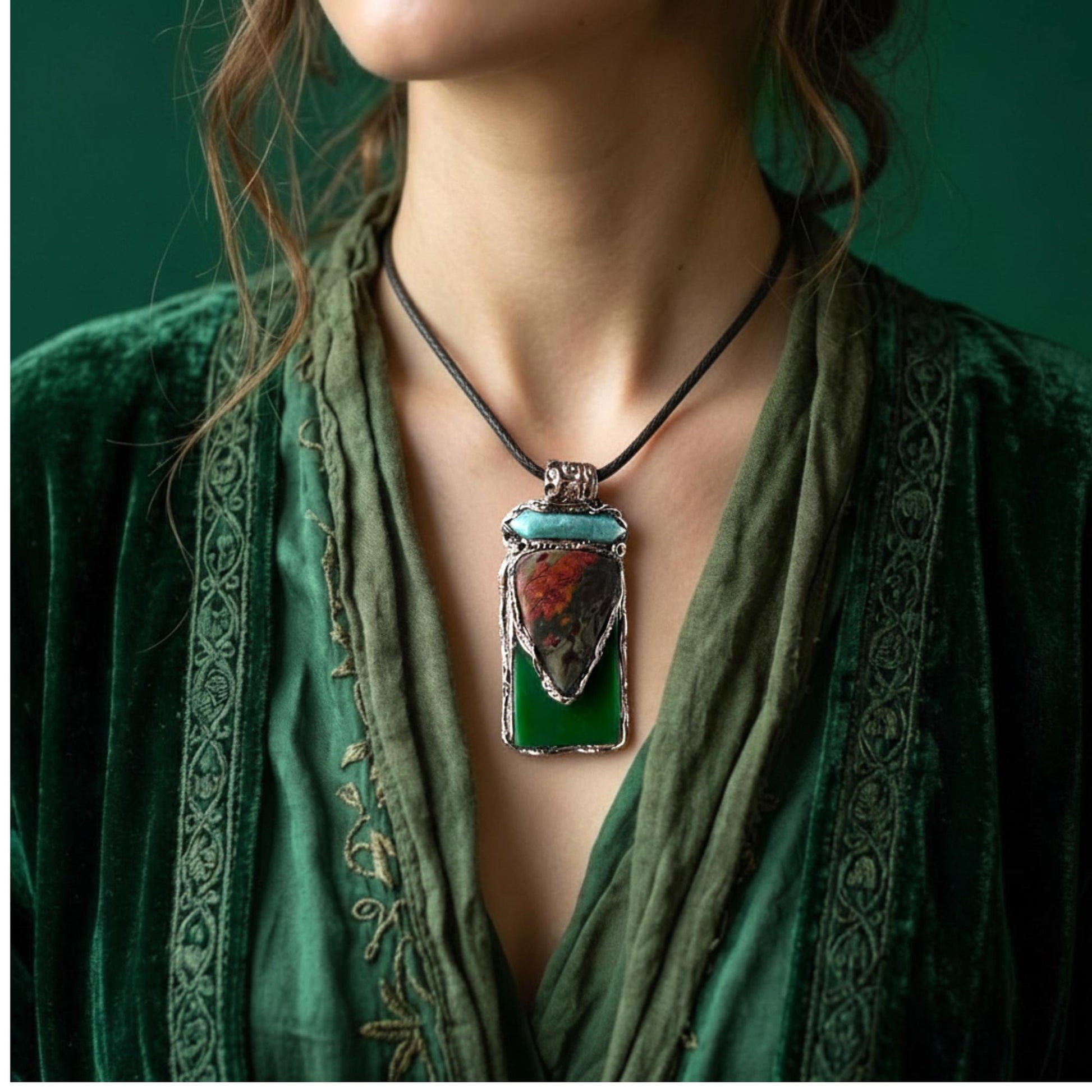 Green Jade Aventurine and Rhyolite Pendant Necklace -  Healing Crystal Amulet