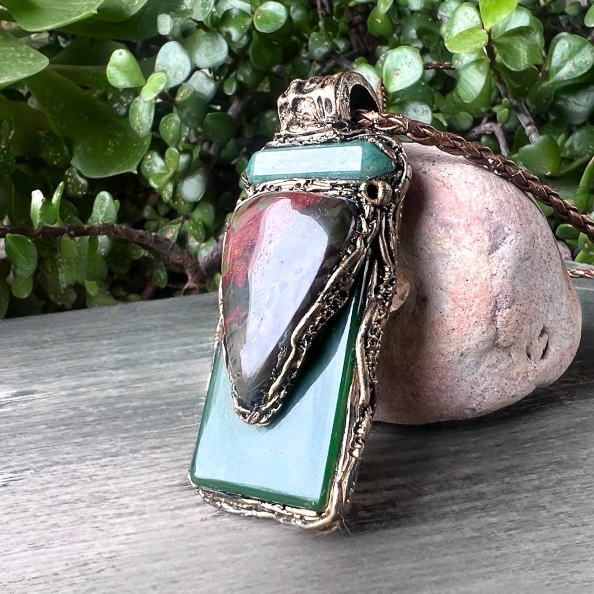 Green Jade Aventurine and Rhyolite Pendant Necklace -  Healing Crystal Amulet