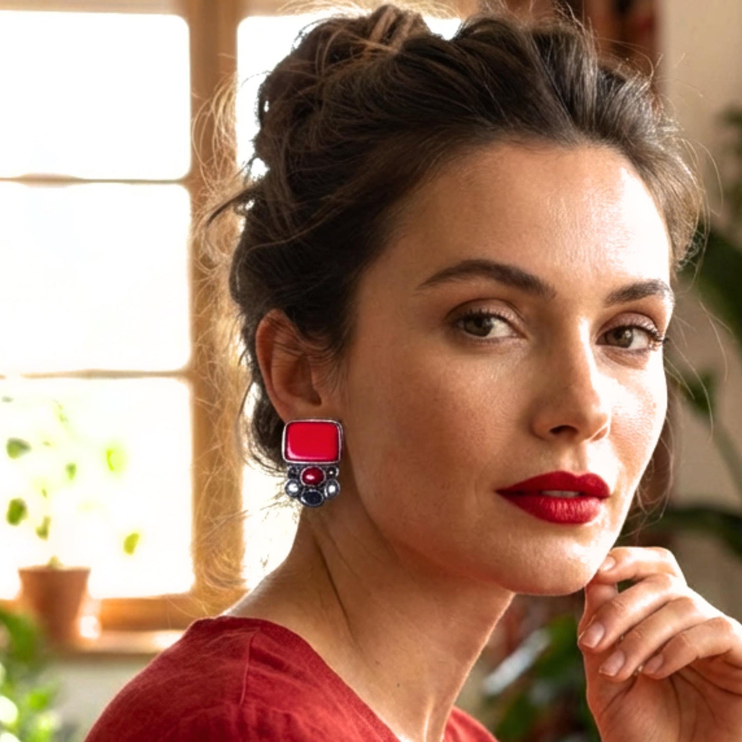 Bold Red Coral Statement Earrings -  Clip-On or Stud Crystal and Pearl Design