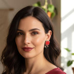 Bold Red Coral Statement Earrings -  Clip-On or Stud Crystal and Pearl Design