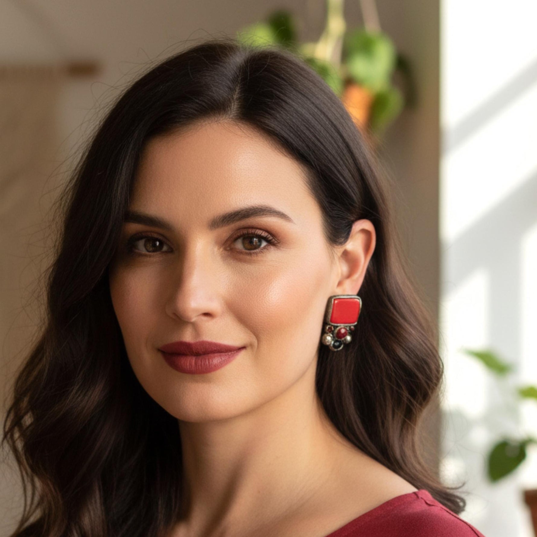 Bold Red Coral Statement Earrings -  Clip-On or Stud Crystal and Pearl Design
