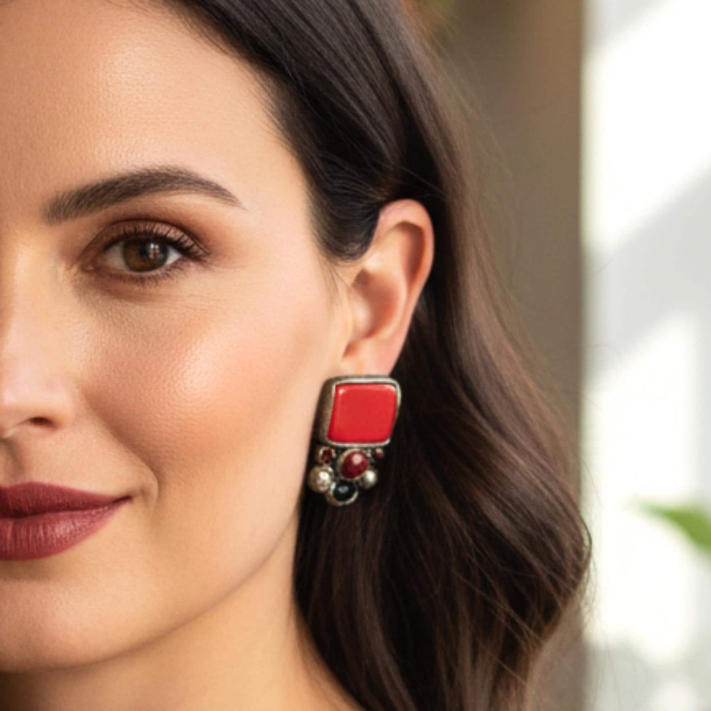 Bold Red Coral Statement Earrings -  Clip-On or Stud Crystal and Pearl Design