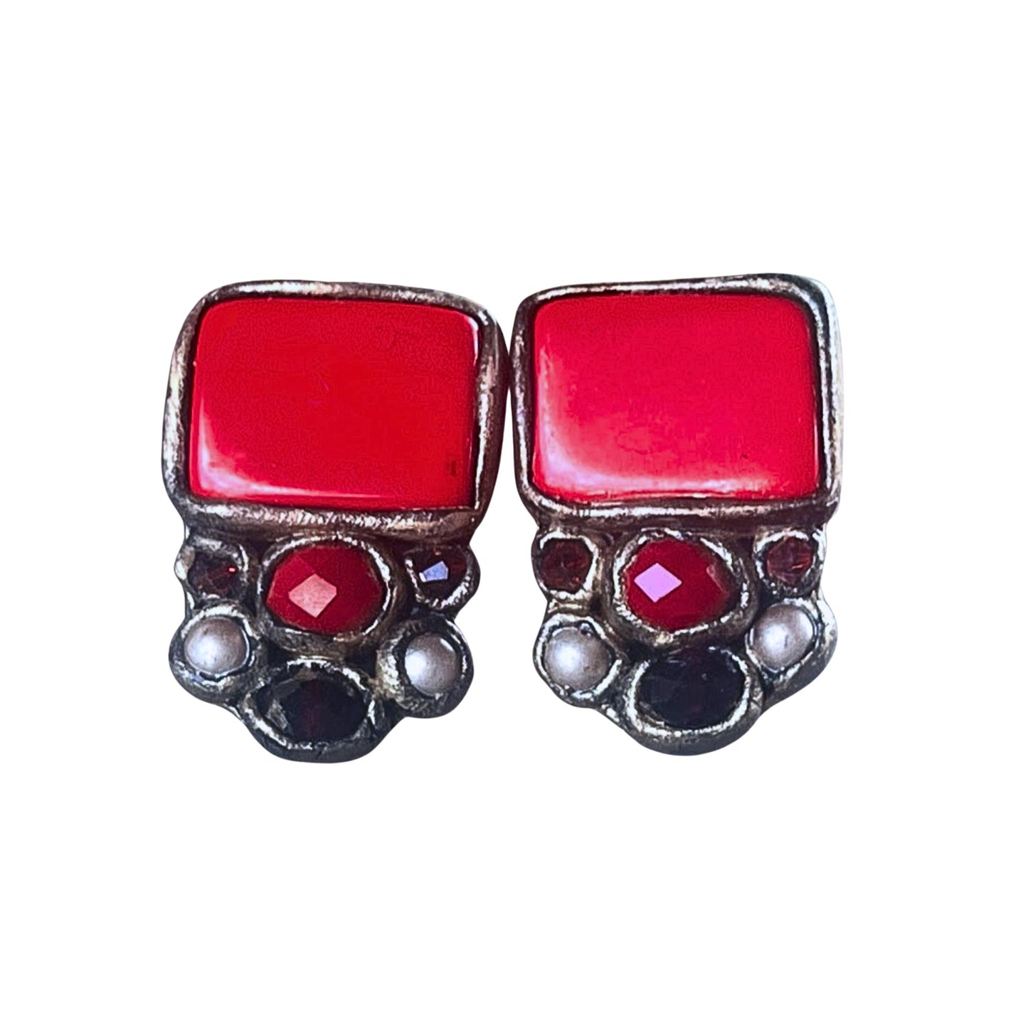 Bold Red Coral Statement Earrings -  Clip-On or Stud Crystal and Pearl Design