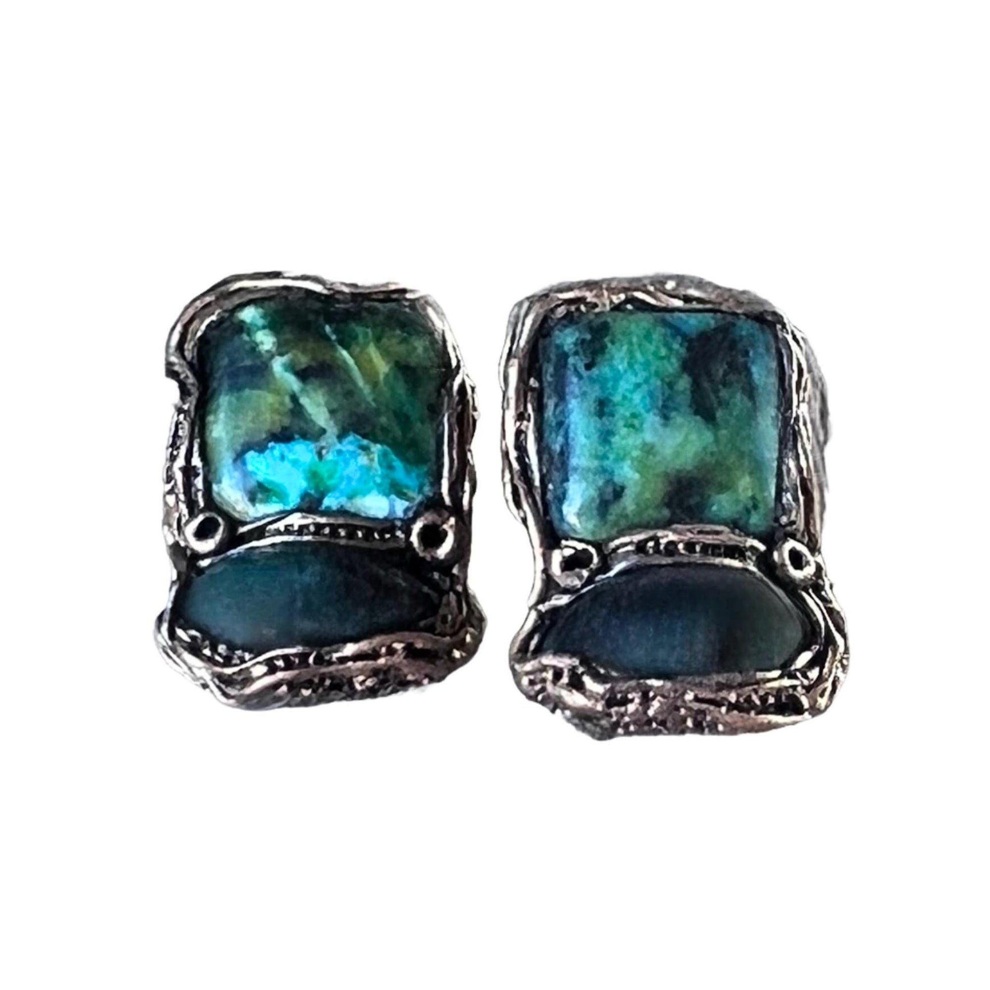 Bloodstone and Chrysocolla Green Stone Earrings -  Statement Large Сlip On