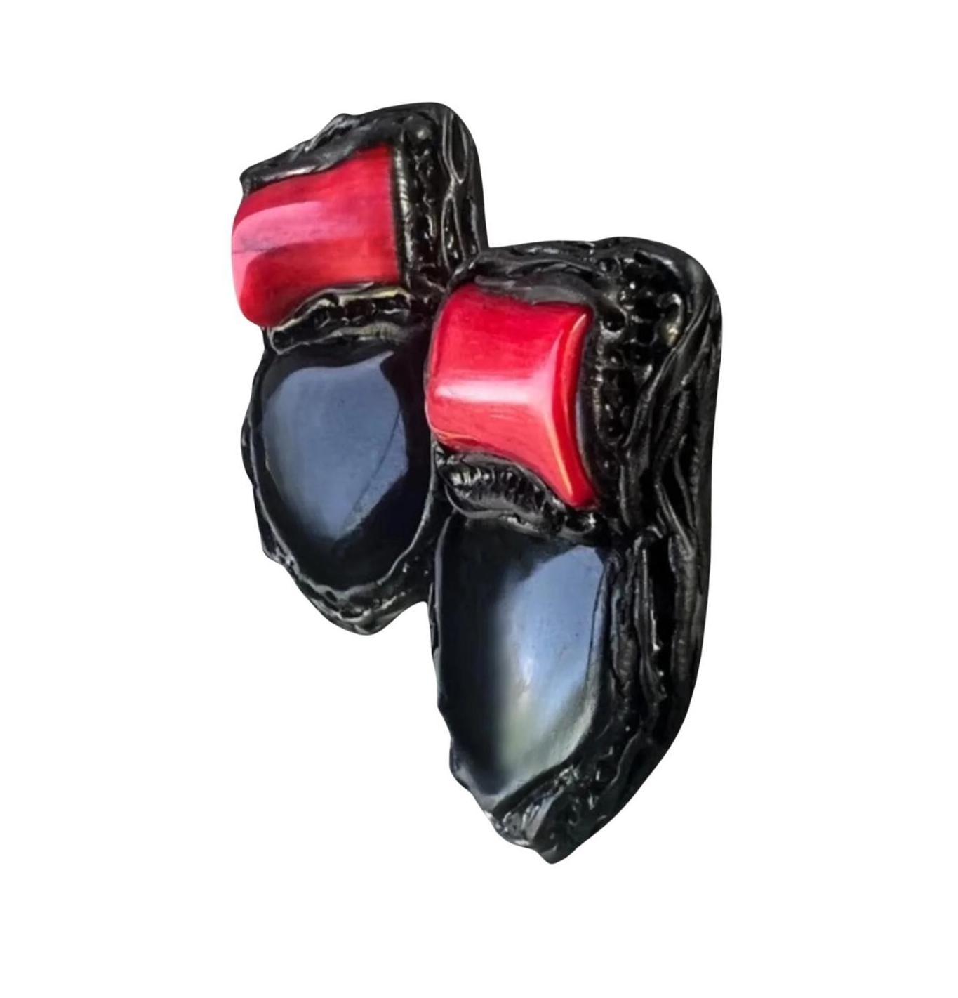 Red Coral and Black Onyx Earrings: Boho Statement Jewelry