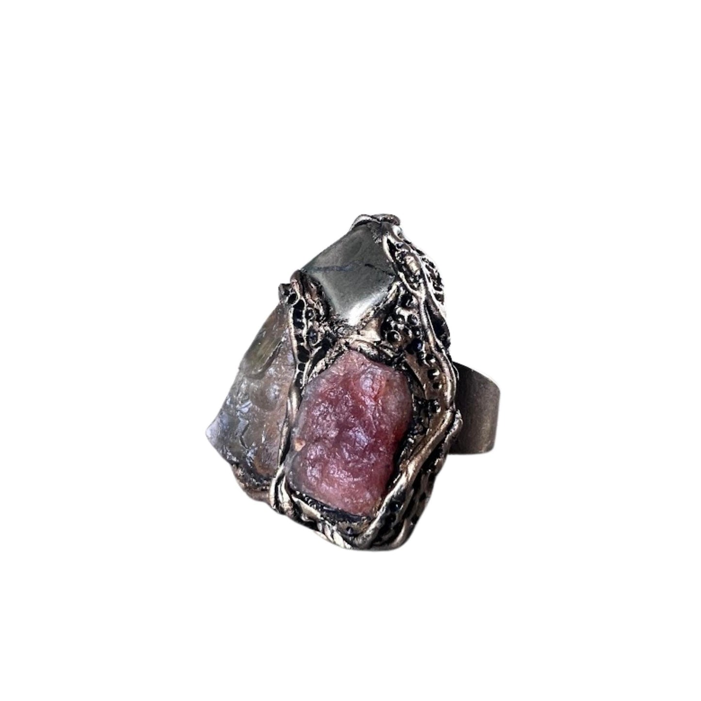 Citrine Sunstone and Pyrite Raw Good Luck Crystal Ring Wealth Ring