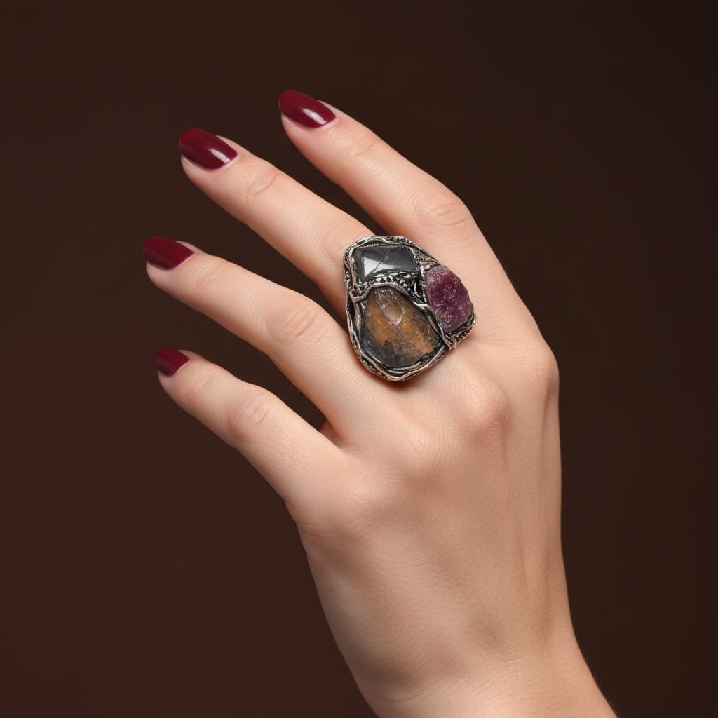 Citrine Sunstone and Pyrite Raw Good Luck Crystal Ring Wealth Ring