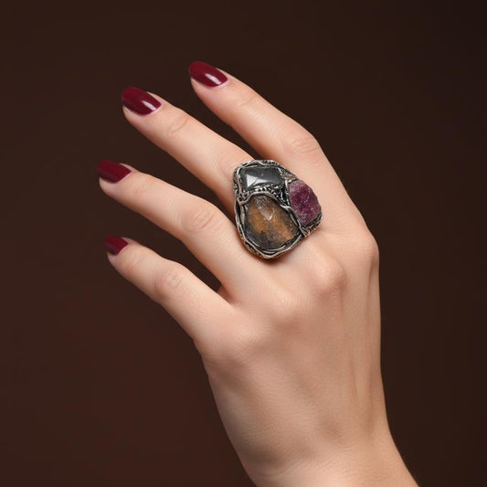 Citrine Sunstone and Pyrite Raw Good Luck Crystal Ring Wealth Ring