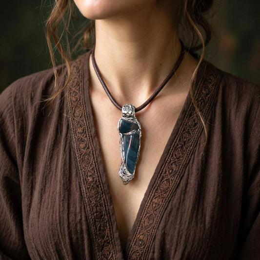 Tigers Eye and Citrine Pendant Necklace - Crystal Amulet