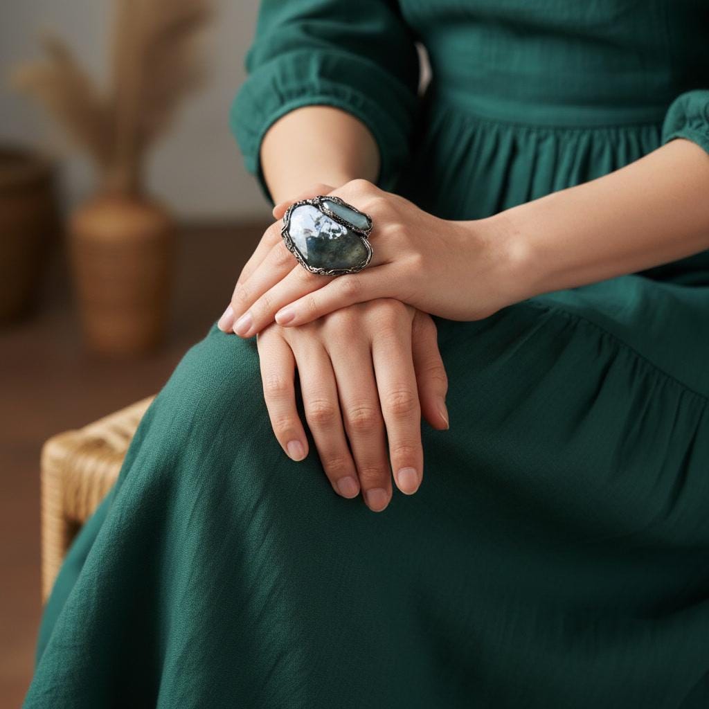 Chunky Green Aventurine and Tree Agate Ring -  Oversized Statement Crystal Cocktail Ring