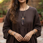 Citrine and Dzi Bead Tibetan Agate Pendant -   Crystal Amulet Necklace