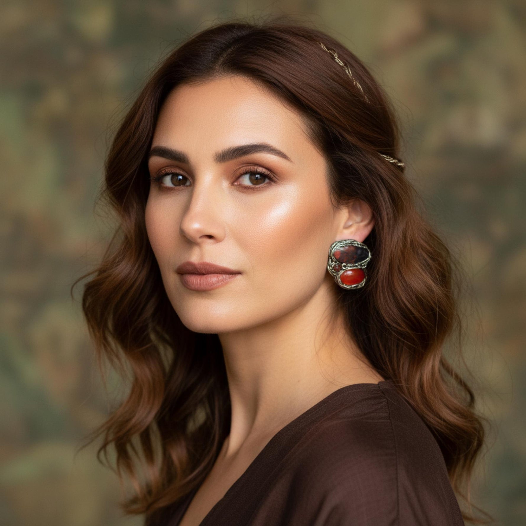 Carnelian and Jasper Statement Earrings -  Red Stone Clip-On Earrings