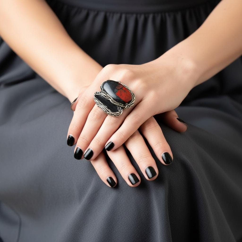 Onyx and Jasper Ring -  Bold Black Red Large Stone Cocktail Ring