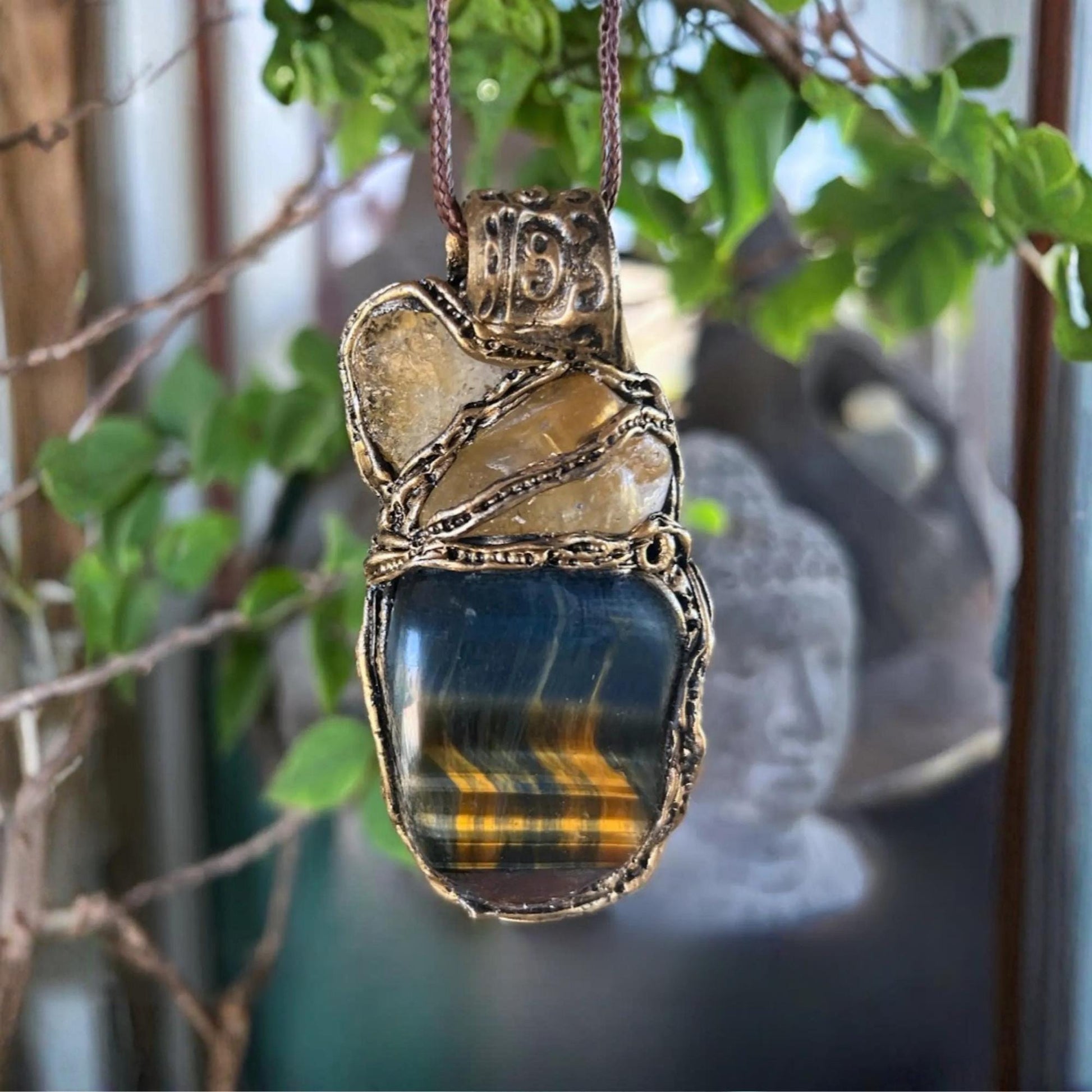 Tiger’s Eye and Citrine Talisman Pendant Necklace -  Crystal Amulet for Abundance