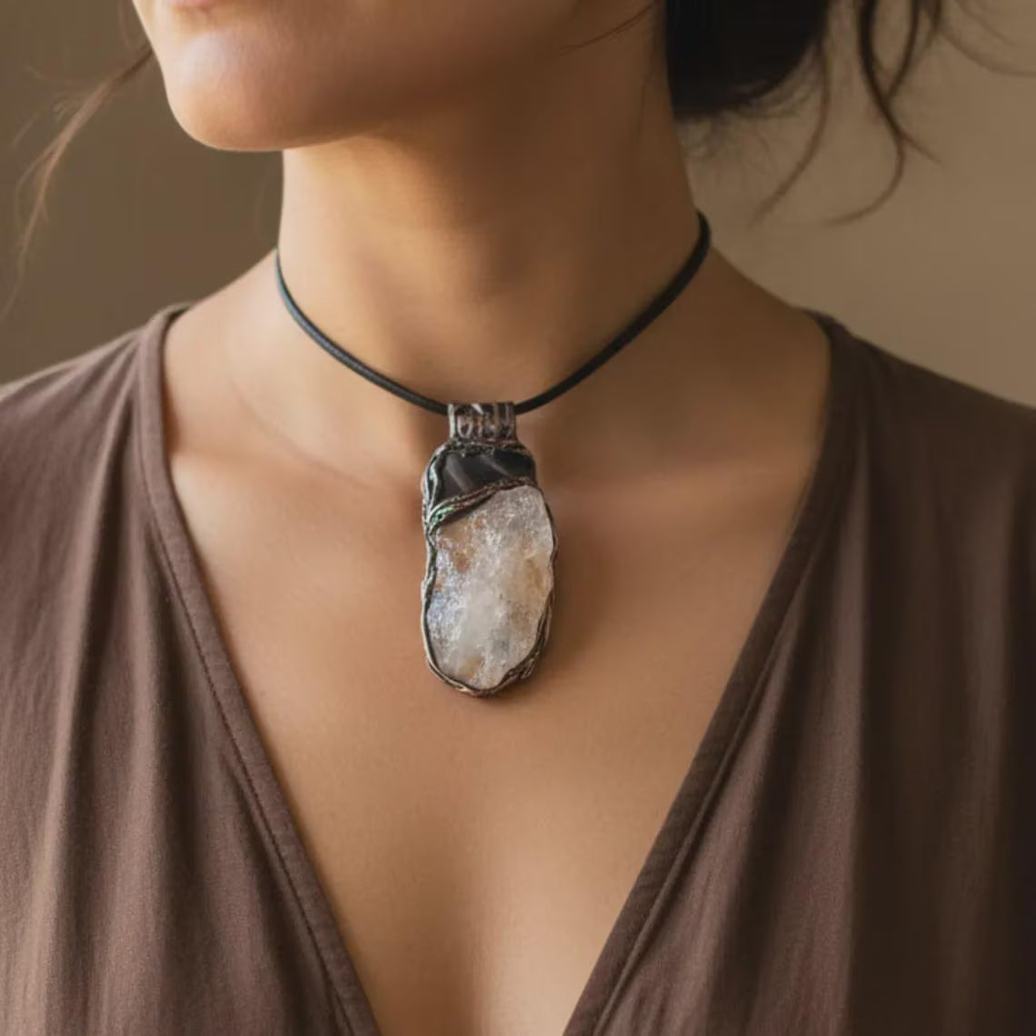 Crystal Pendant Necklace with Citrine Tigers Eye - Handmade Amulet Jewelry