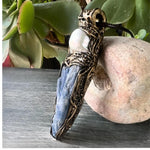 Blue Kyanite and Baroque Pearl Necklace -  Raw Crystal Healing Amulet