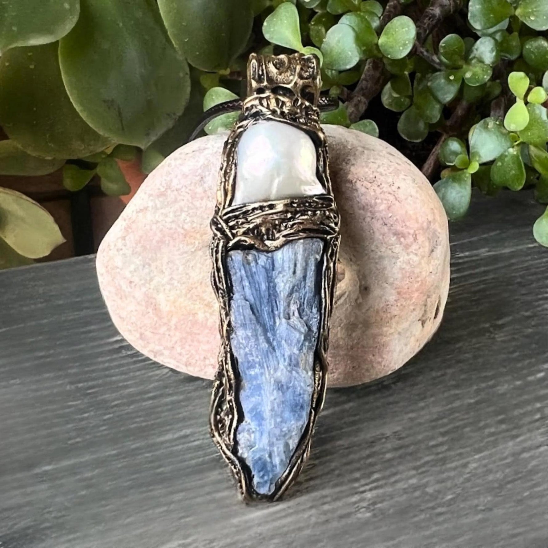 Blue Kyanite and Baroque Pearl Necklace -  Raw Crystal Healing Amulet