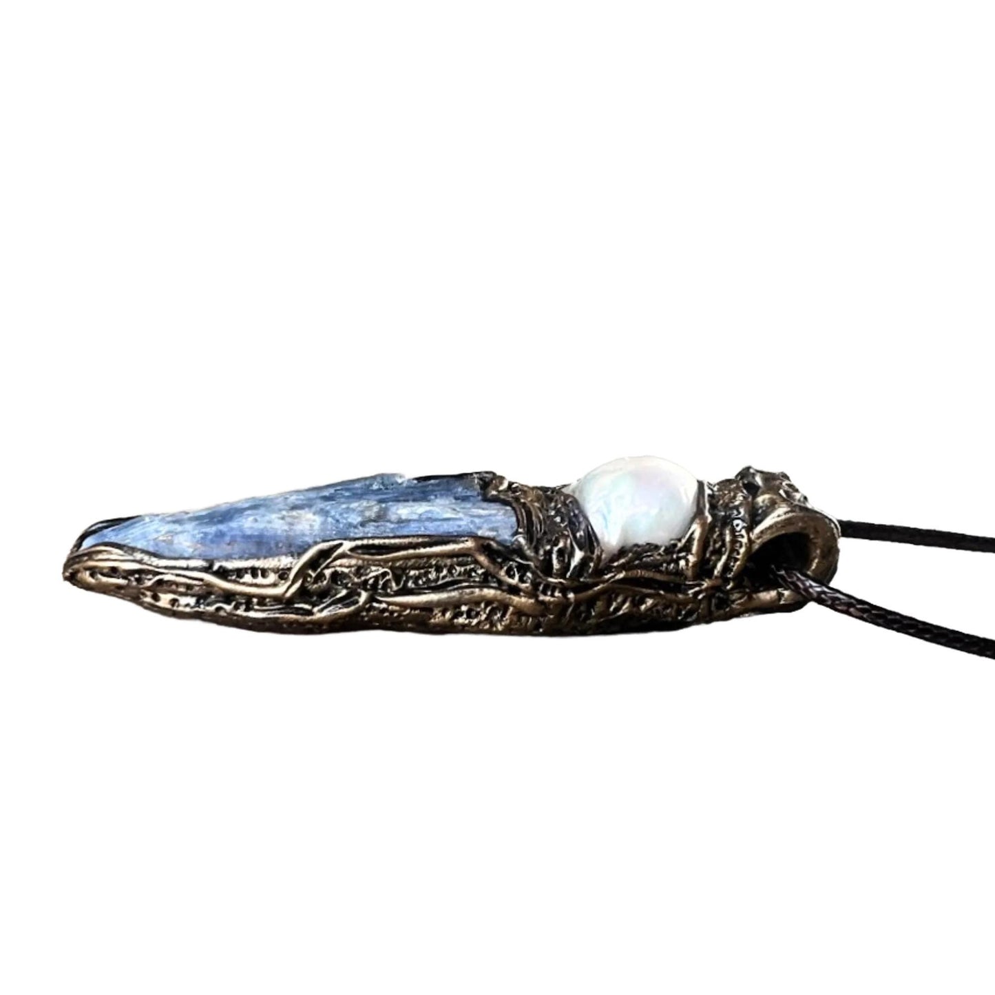 Blue Kyanite and Baroque Pearl Necklace -  Raw Crystal Healing Amulet
