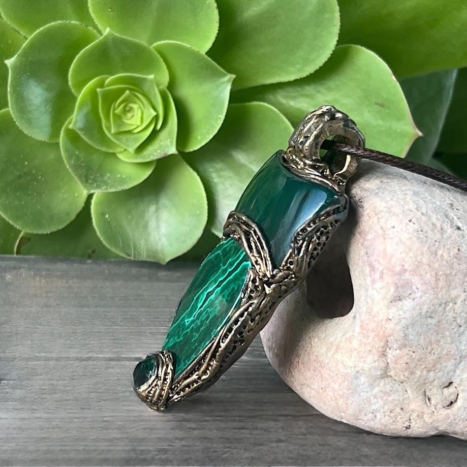 Malachite and Jade Green Large Stone Amulet Necklace