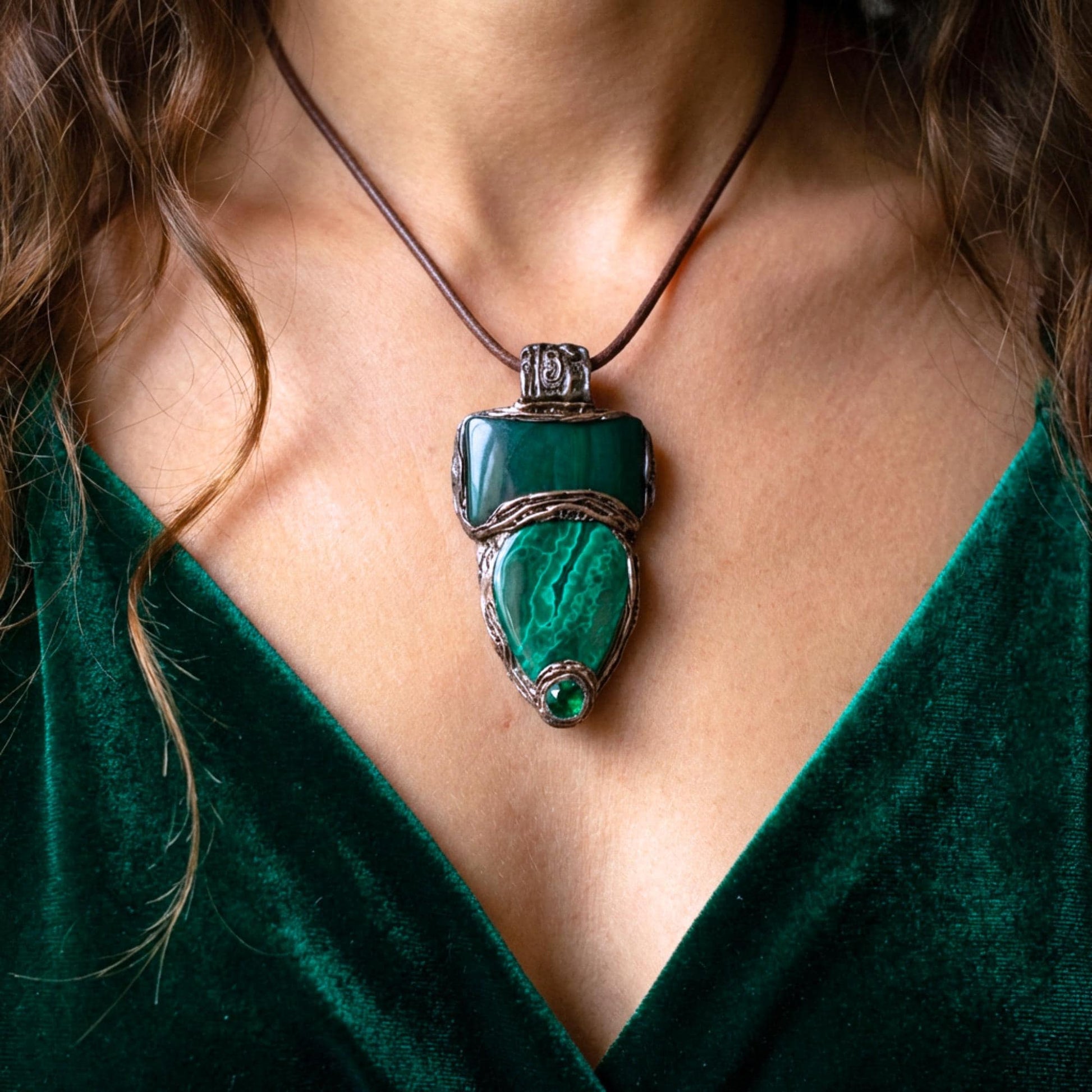 Malachite and Jade Green Large Stone Amulet Necklace