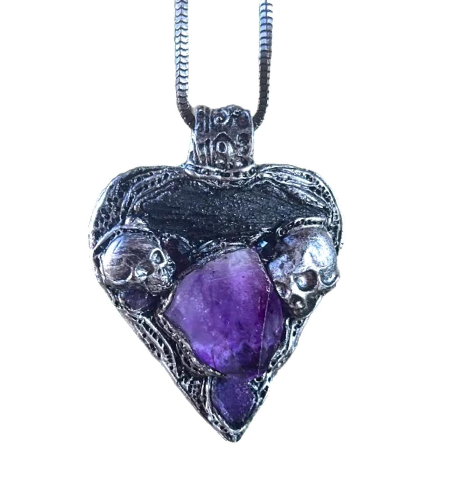 Gothic Amethyst Kyanite Crystal Amulet | Skull Heart Pendant Necklace