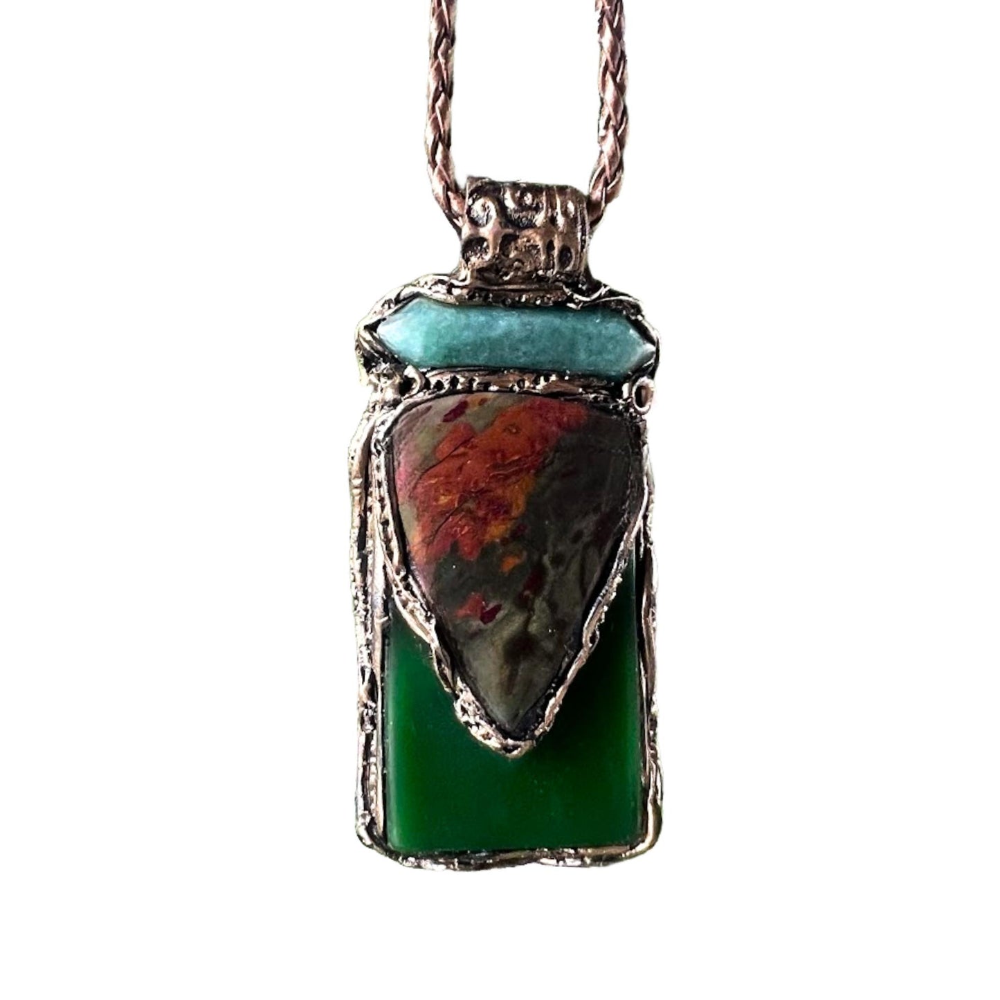 Green Jade Aventurine and Rhyolite Pendant Necklace -  Healing Crystal Amulet