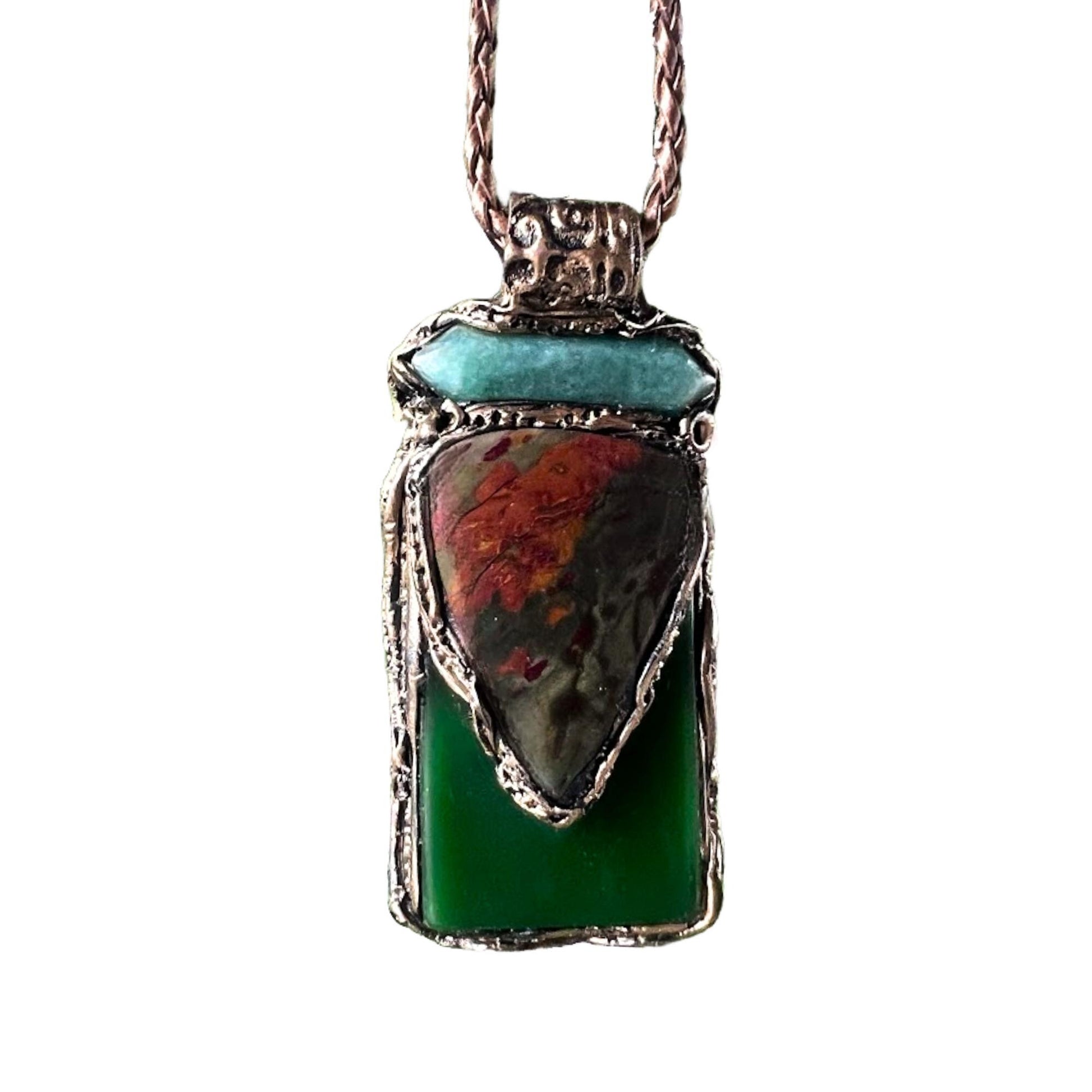 Green Jade Aventurine and Rhyolite Pendant Necklace -  Healing Crystal Amulet