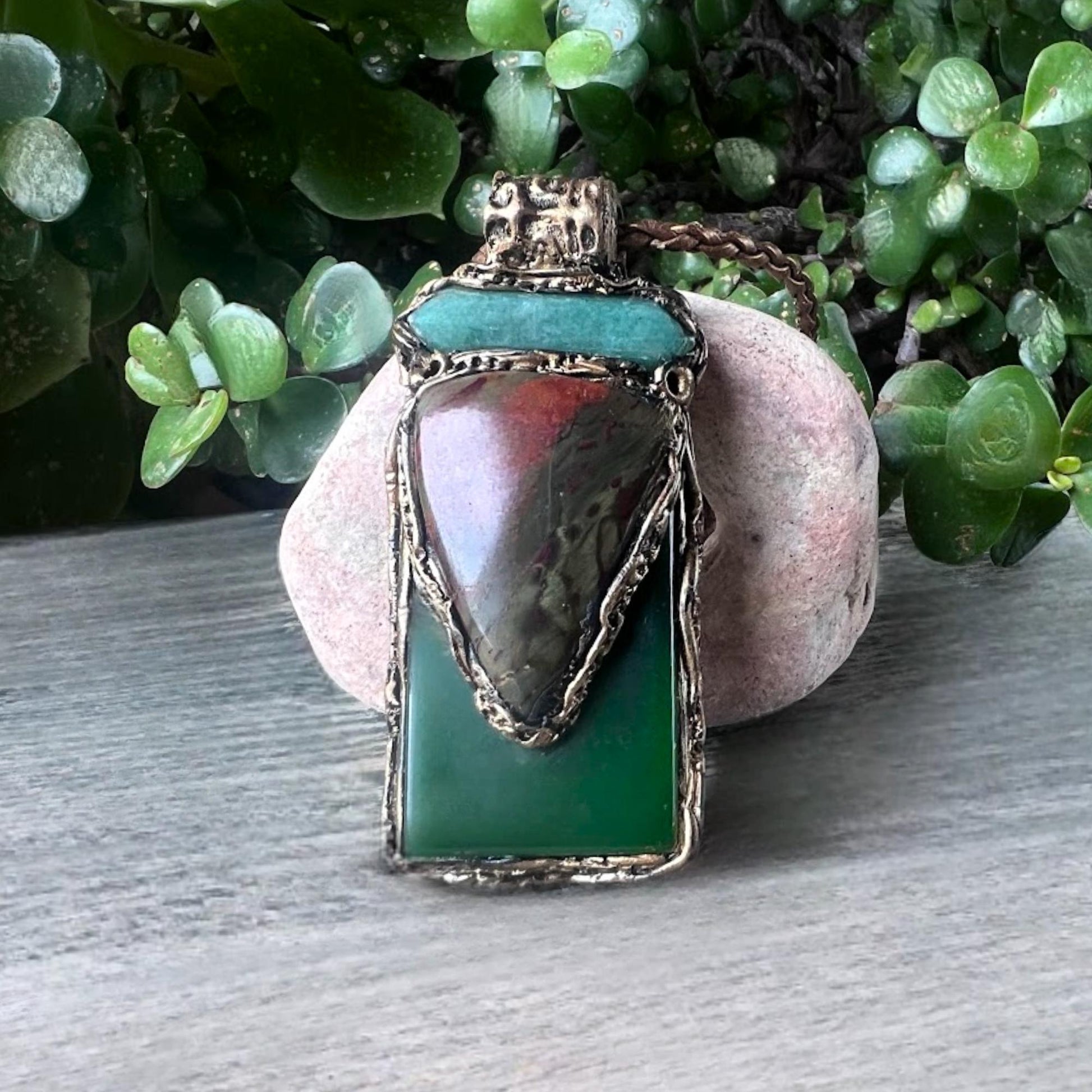 Green Jade Aventurine and Rhyolite Pendant Necklace -  Healing Crystal Amulet