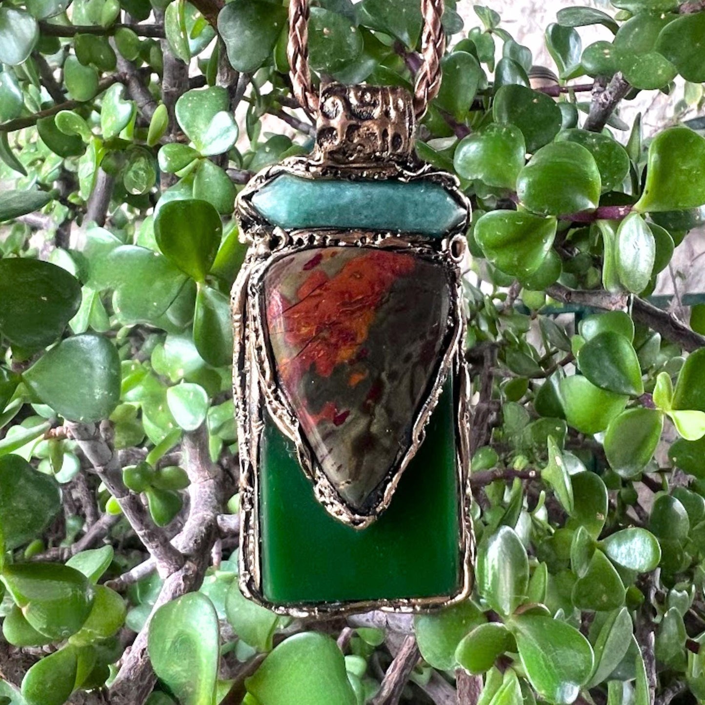 Green Jade Aventurine and Rhyolite Pendant Necklace -  Healing Crystal Amulet