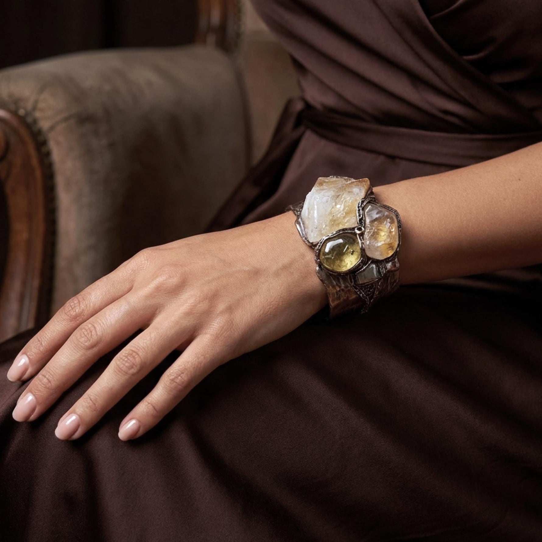Citrine Crystal Chunky Cuff Bracelet with Pyrite & Sunstone - Statement Gemstone Jewelry
