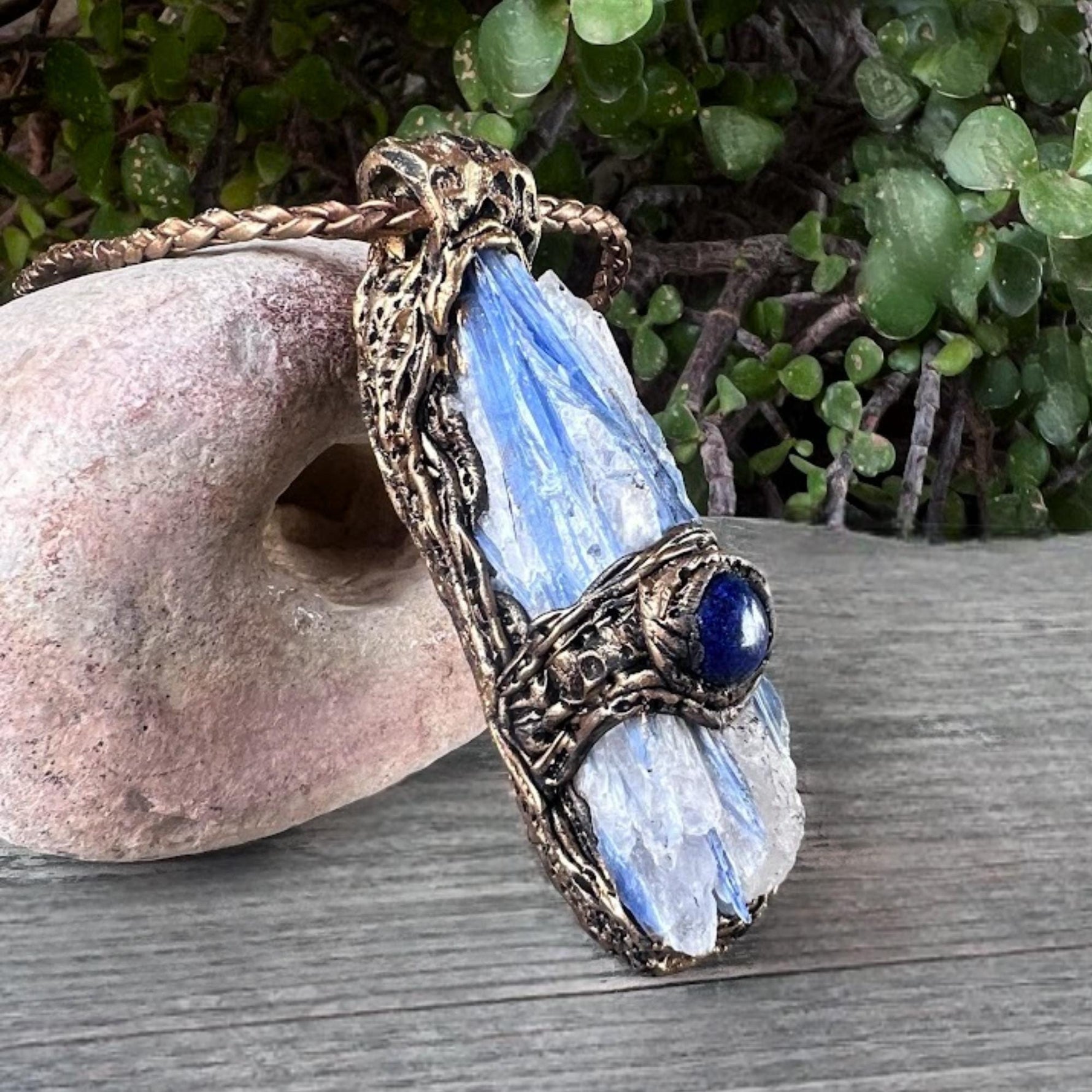 Blue Kyanite and Lapis Lazuli Crystal Pendant Necklace - Raw Healing Stone Amulet