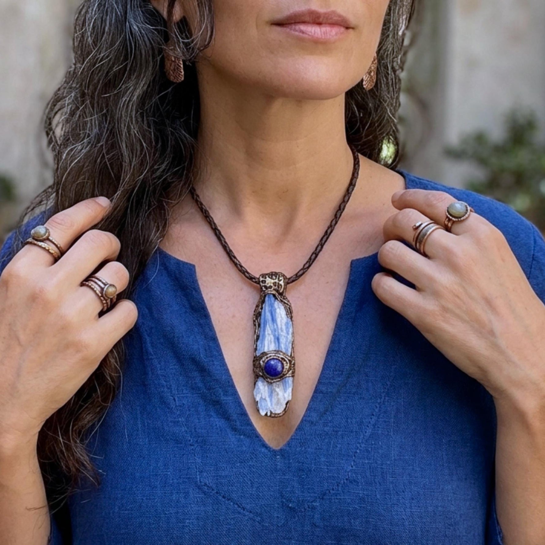 Blue Kyanite and Lapis Lazuli Crystal Pendant Necklace - Raw Healing Stone Amulet
