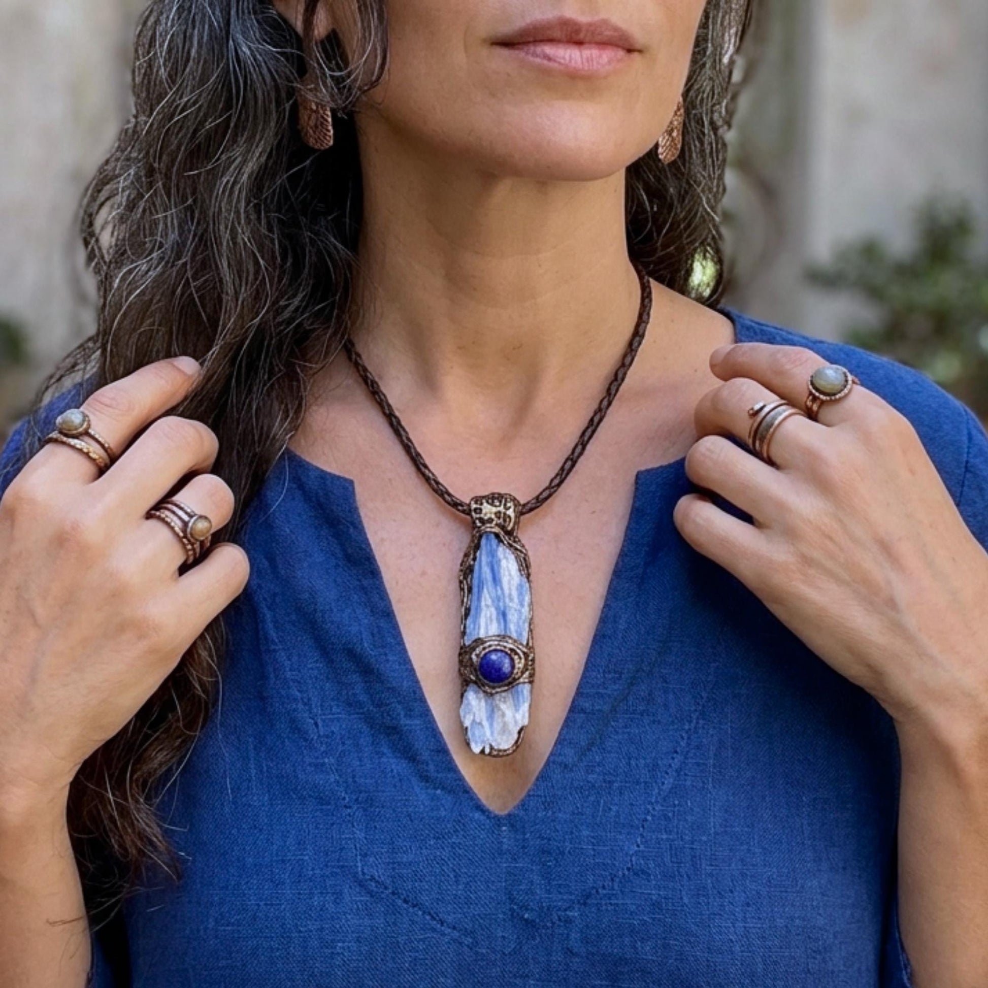 Blue Kyanite and Lapis Lazuli Crystal Pendant Necklace - Raw Healing Stone Amulet