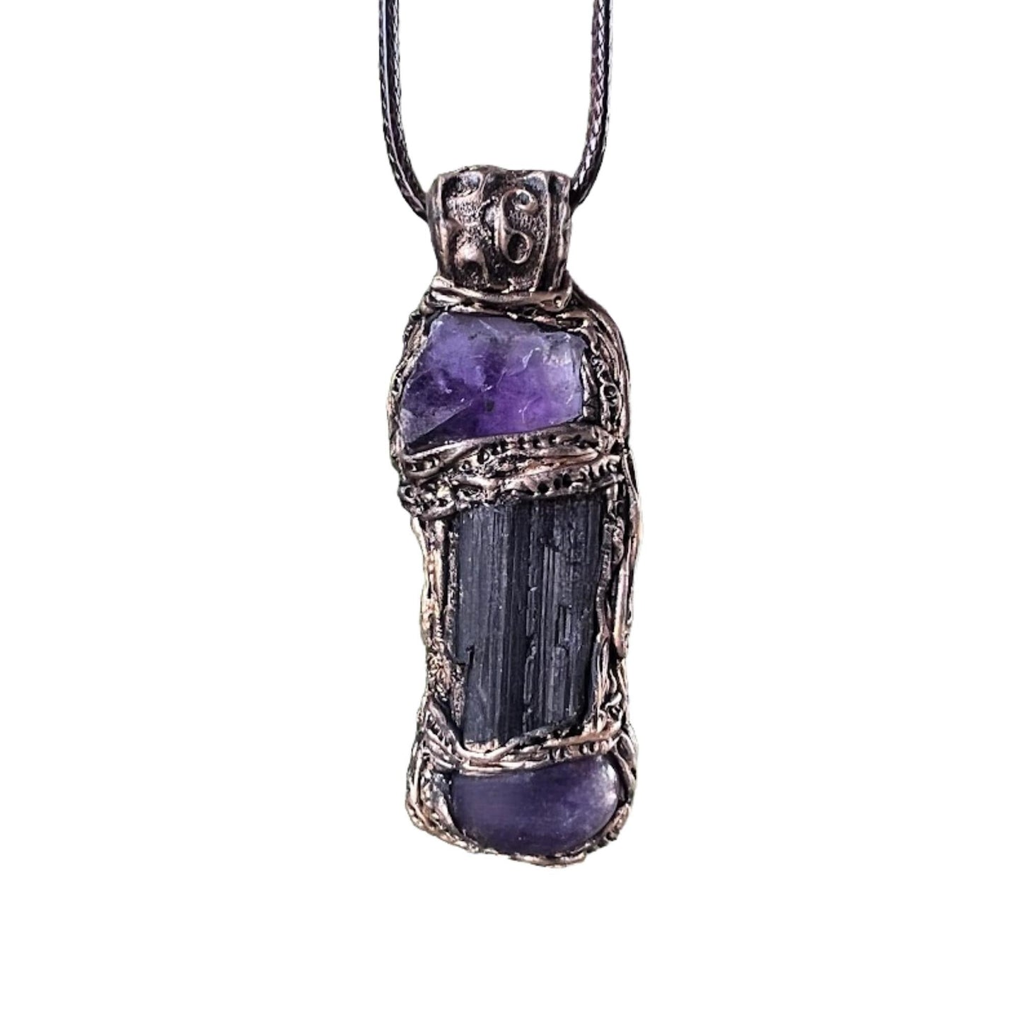 Black Tourmaline and Amethyst Pendant Necklace -  Empath Protection Crystal Amulet