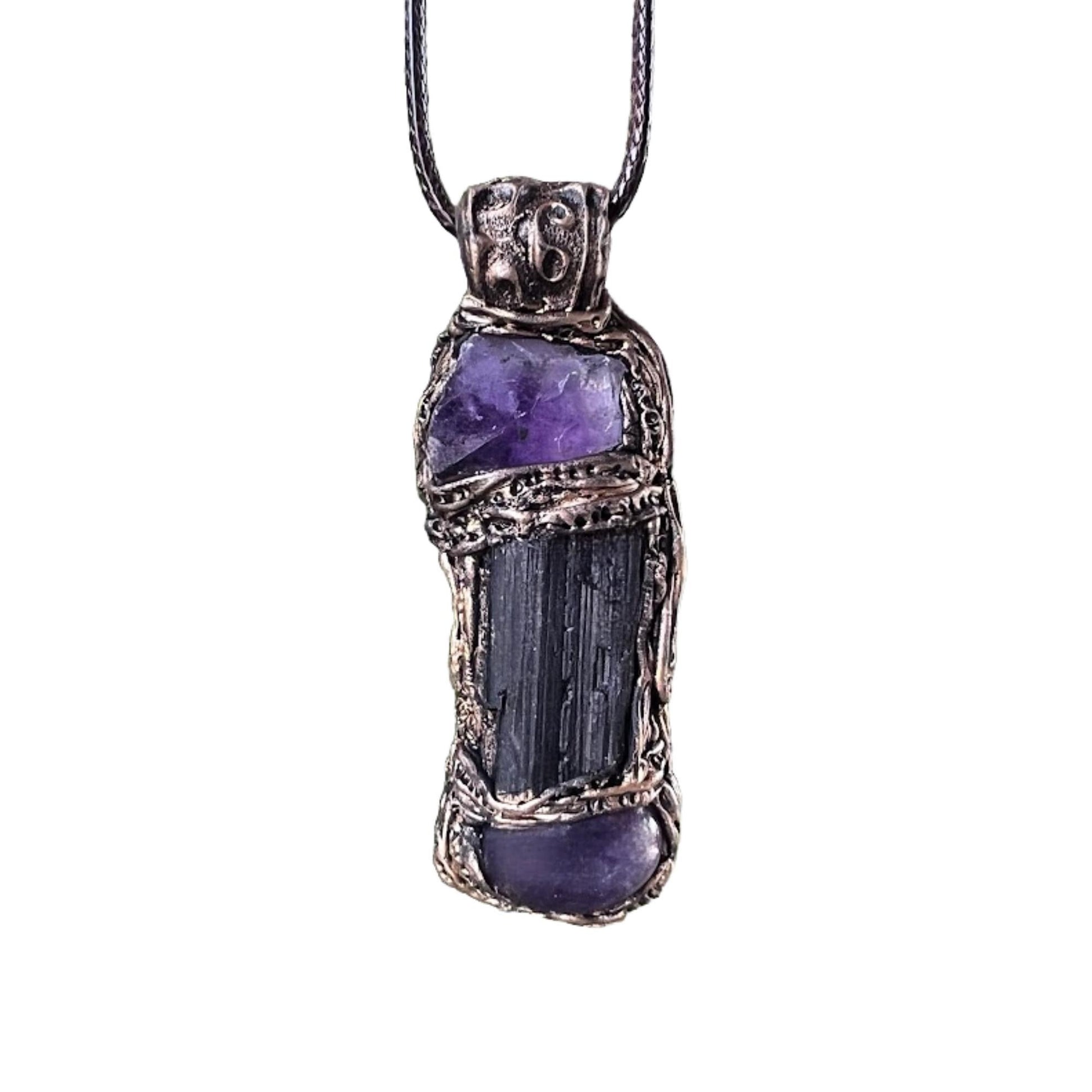 Black Tourmaline and Amethyst Pendant Necklace -  Empath Protection Crystal Amulet