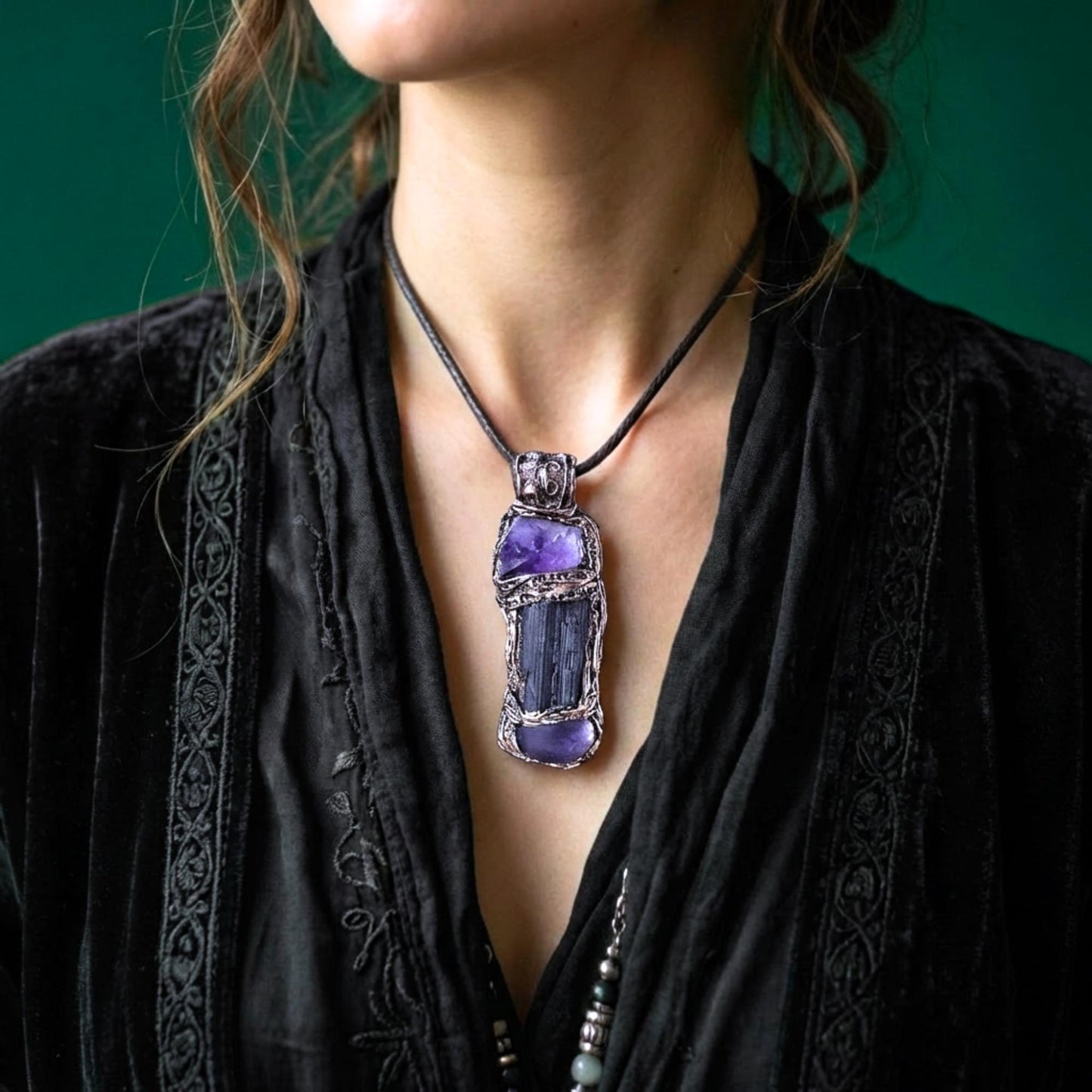 Black Tourmaline and Amethyst Pendant Necklace -  Empath Protection Crystal Amulet
