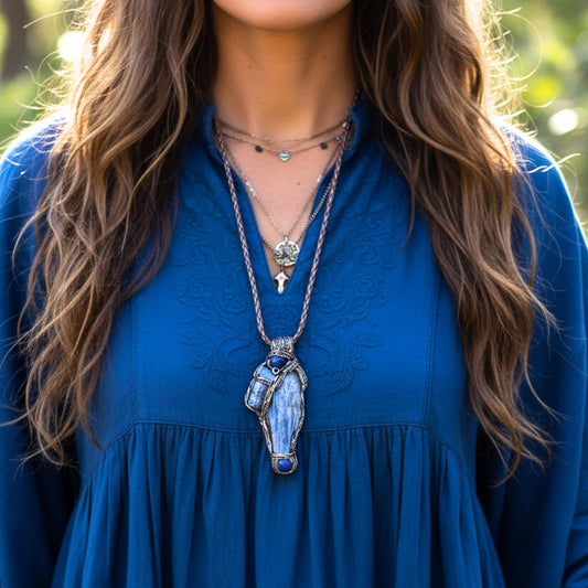 Blue Kyanite and Lapis Lazuli Raw Healing Stone Amulet Necklace