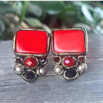 Bold Red Coral Statement Earrings -  Clip-On or Stud Crystal and Pearl Design