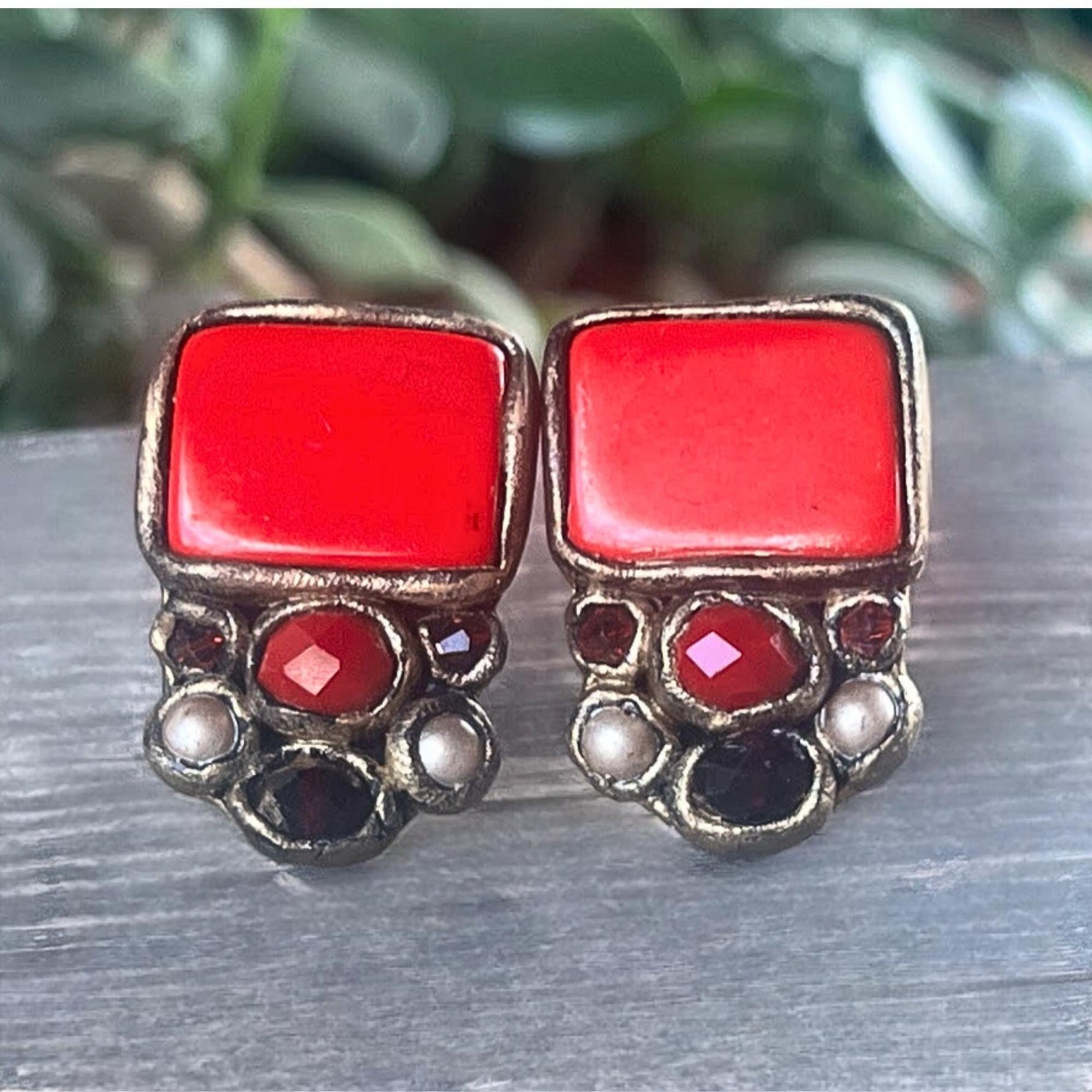 Bold Red Coral Statement Earrings -  Clip-On or Stud Crystal and Pearl Design