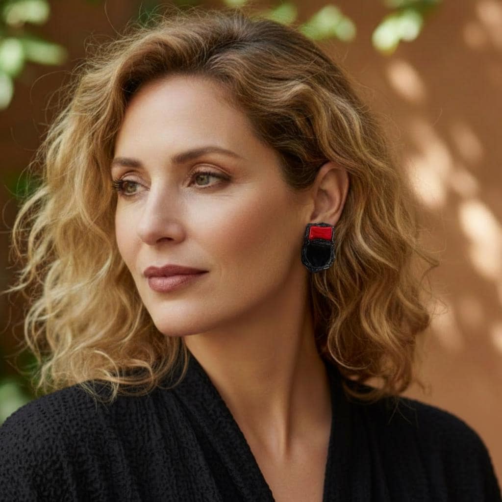 Red Coral and Black Onyx Earrings: Boho Statement Jewelry