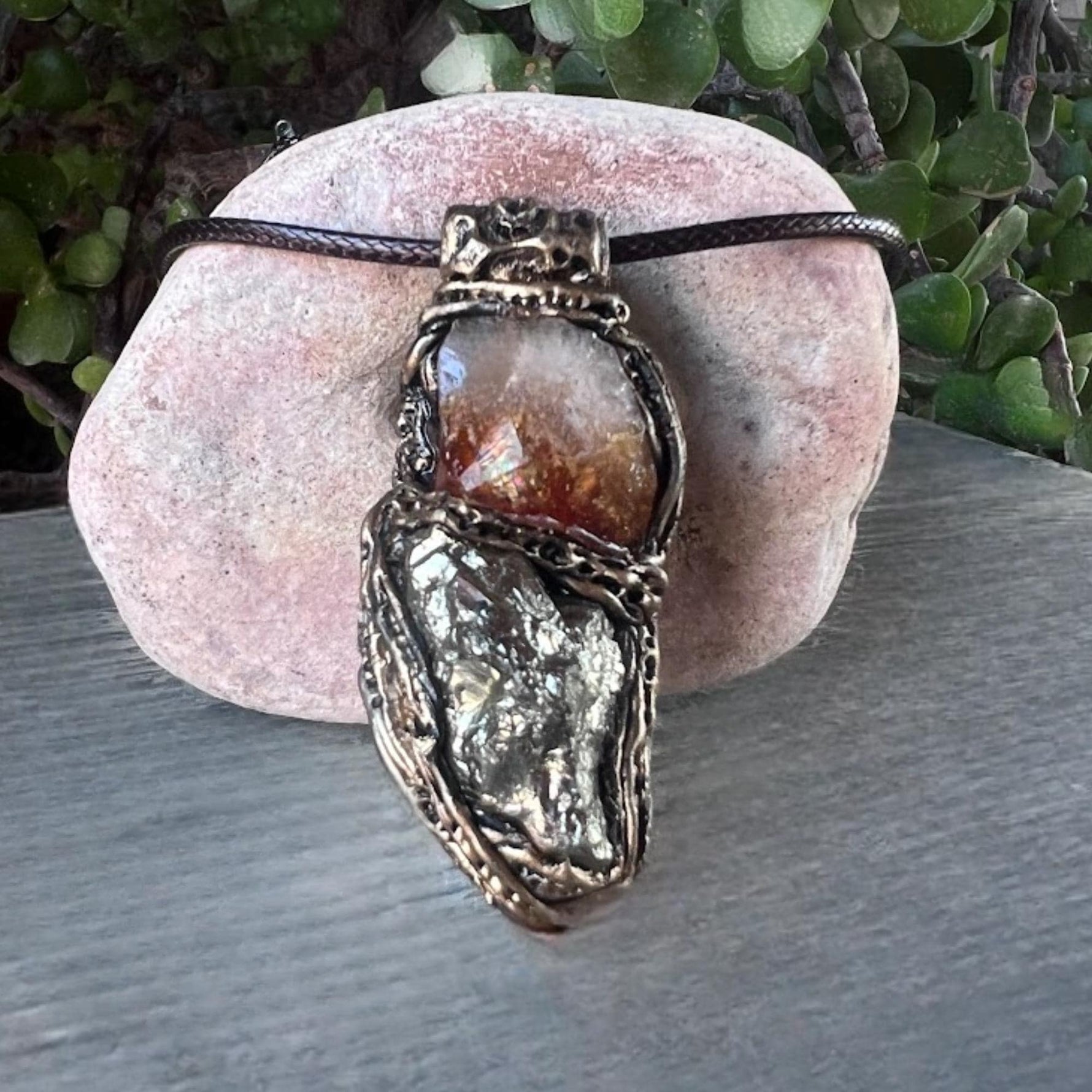 Citrine Pyrite Crystal Pendant - Abundance Amulet Necklace