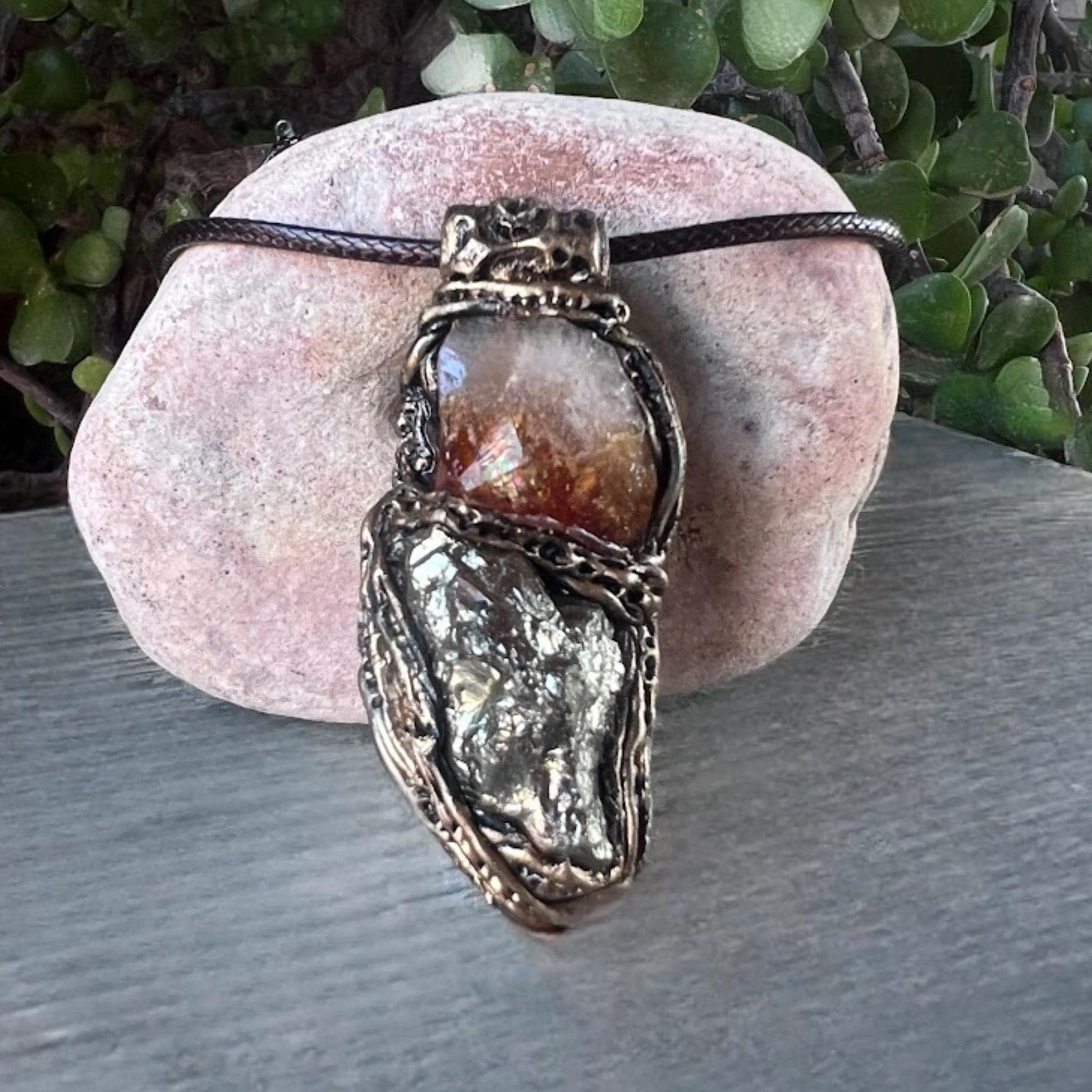Citrine Pyrite Crystal Pendant - Abundance Amulet Necklace