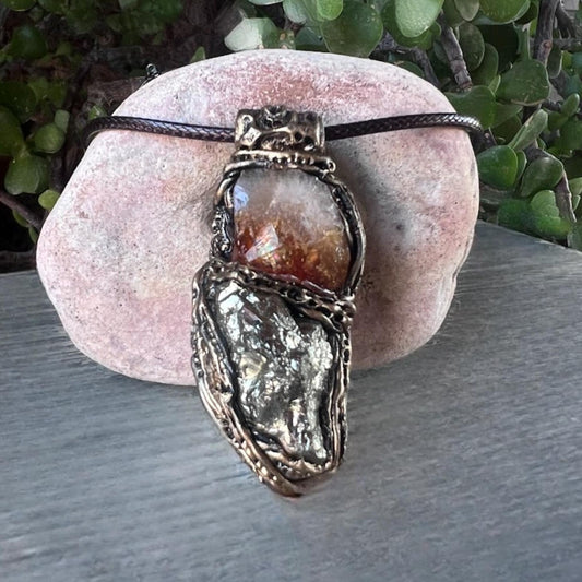 Citrine Pyrite Crystal Pendant - Abundance Amulet Necklace