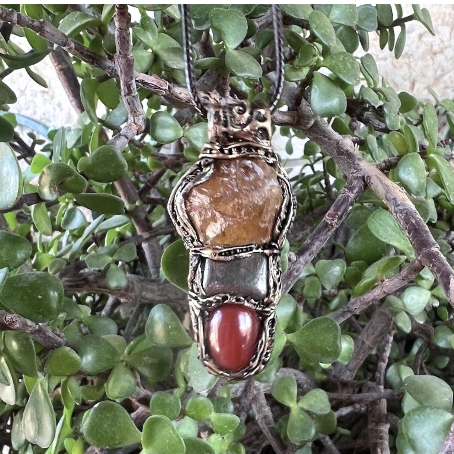 Raw Citrine Pyrite and  Carnelian Good Luck Pendant Necklace Raw Crystal Wealth Amulet