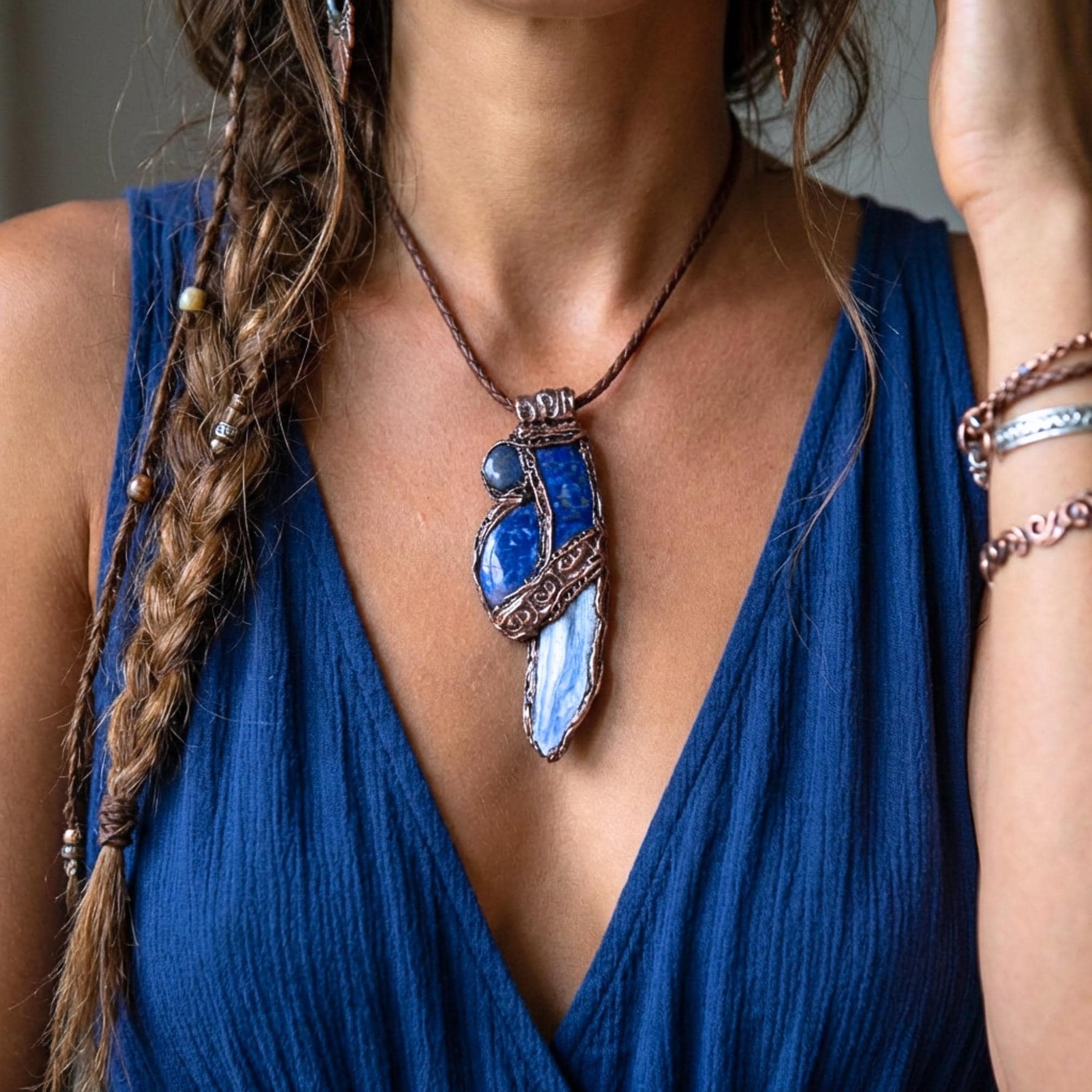 Lapis Lazuli & Blue Kyanite Crystal Pendant Necklace - Raw Healing Stone Amulet